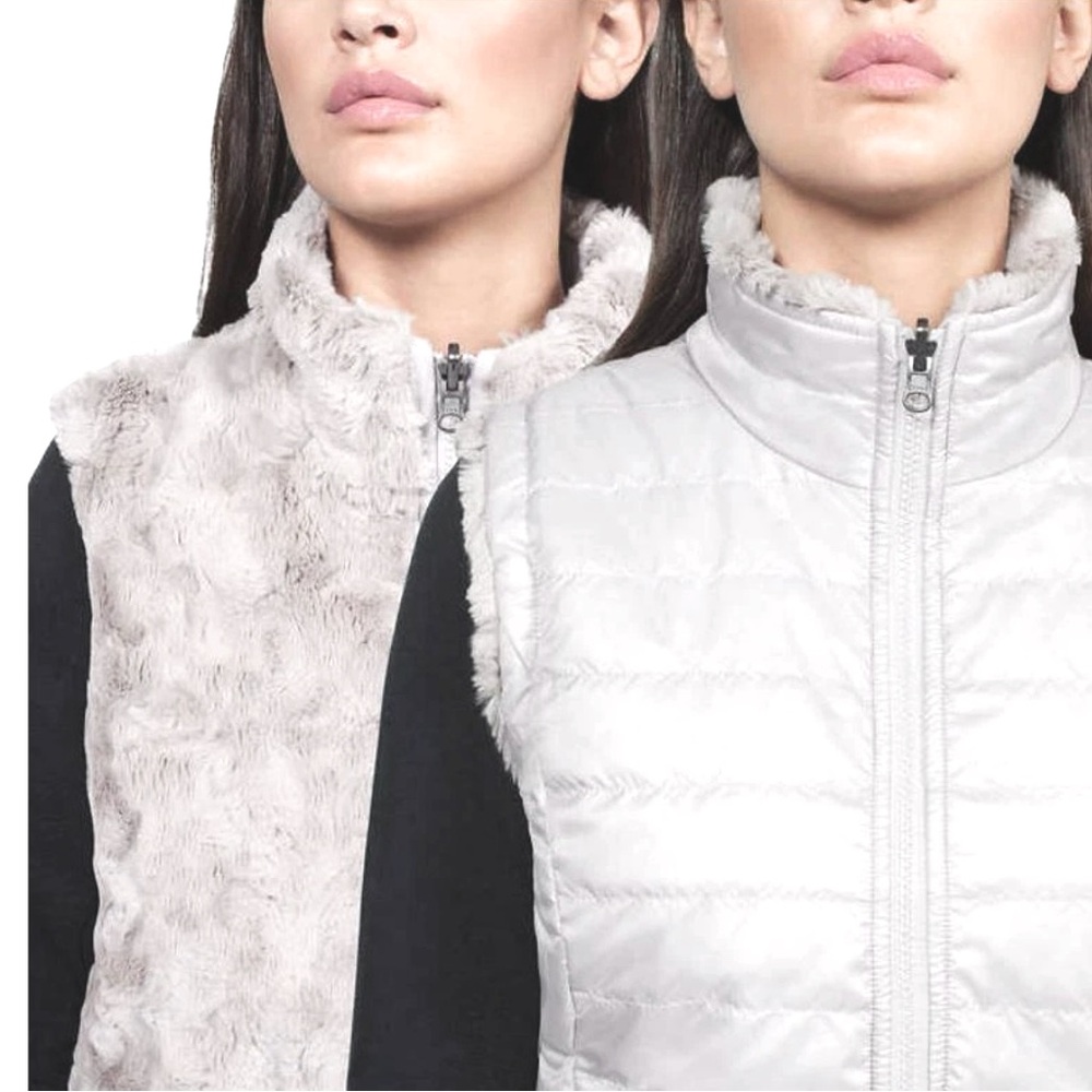 Nicole Miller Quilted Ivory Plush Faux Fur Reversible Vest w/pockets Size Medium